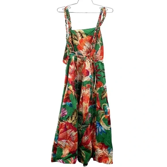 Farm Rio Green Tropicart Midi Dress Tropical Floral Print Braided Straps Large - Picture 9 of 9